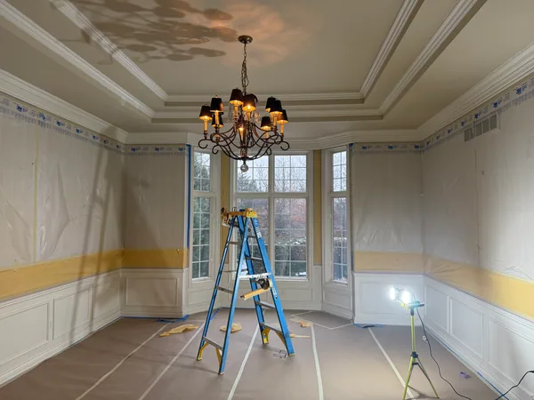 Dining room with upper walls masked in plastic, a paper-covered floor and a blue ladder